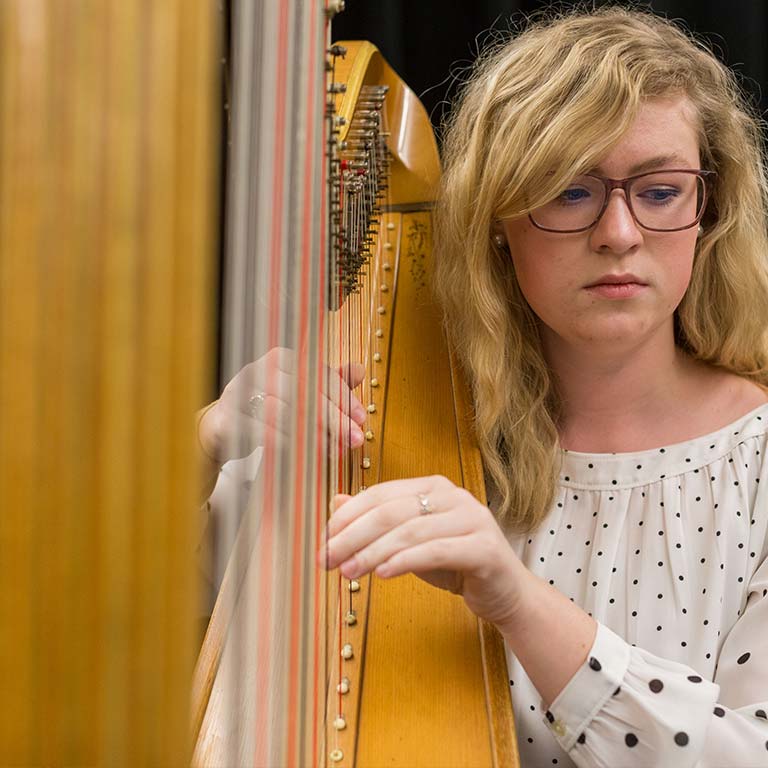 Closeup of woman playing the harp